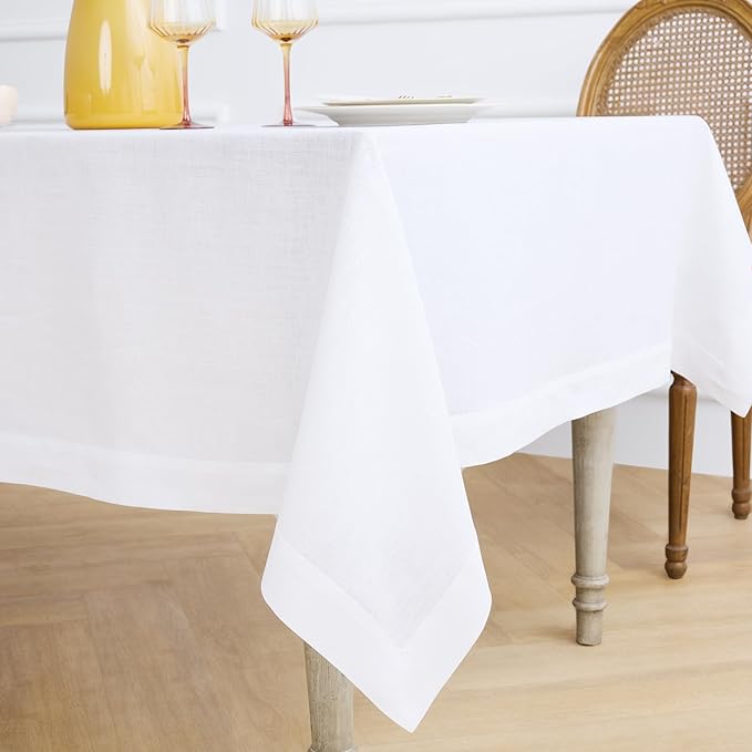 Solino Home White Linen Tablecloth 60 x 144 Inch - 100% Pure Linen Table Cloth for Rectangle Tables - Fete, Machine Washable Tablecloth for Winter, Valentines, Spring, Easter