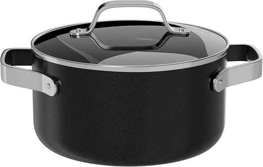 Bakken 5 Quart Ceramic Coated Stock Pot with Lid, Easy to Clean Nonstick Pot, Tempered Glass Lid, Riveted Stainless Steel Handles, Oven Safe Up To 500째F, PTFE & PFAS Free, All Stove Compatible, Black