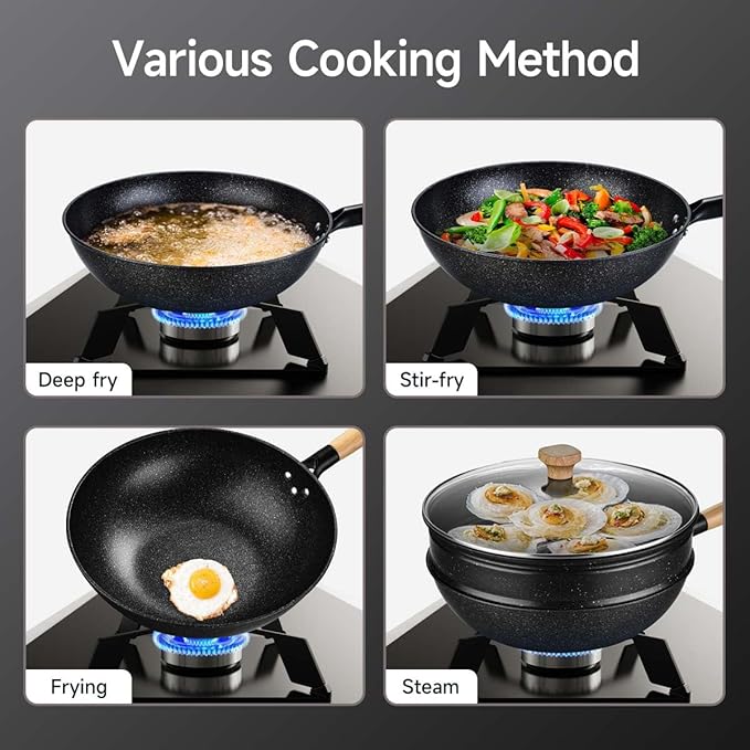 Non-Stick Wok with Steamer Basket,12 Inches Stir Fry Pans with Lid, Flat Bottom Pan Multifunctional Cookware Chinese Woks for Induction, Gas, Halogen