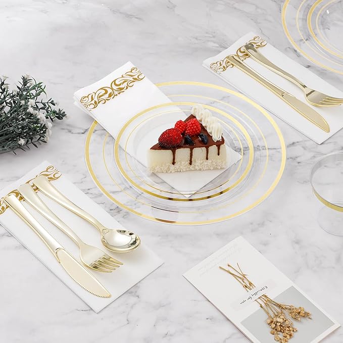 BESTVIP 350PCS Clear Gold Disposable Dinnerware Set for 50 Guests, Plastic Plates for Party, Wedding, Christmas, Include: 100 Plastic Plates, 50 Gold Silverware, 50 Cups, 50 Napkins