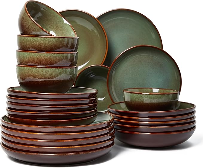 Dinnerware Sets with Double Bowls Service for 6, Brown Green
