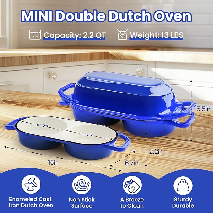 YONILL Mini Double Dutch Oven for Sourdough Bread Baking - Enameled Cast Iron Dutch Oven Pot with Lid and 5" Banneton Bread Proofing Basket Kit, Dual Round Bread Loaf Pan for Homemade Baking (Dark Blue)