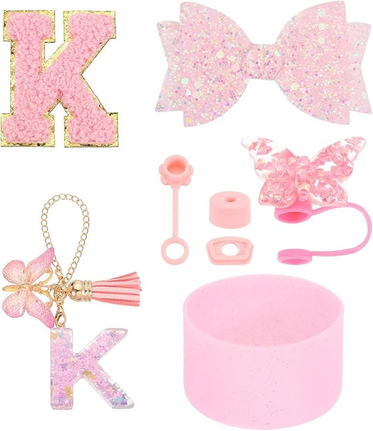 uxcell 8Pcs Cup Accessories Set for Cup Tumbler with Handle, Including Silicone Straw Cover, Boot, Spill Proof Stopper, Handle Charm, Initials Sticker(Letter K, Pink)