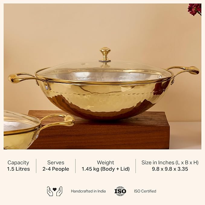 P-TAL Brass Kadhai 1.5L with Insulated Heat-Resistant Handle and Glass Lid | 100% Pure Brass Tin Coated Kadai for Cooking | Non-Stick and Chemical-Free (Glass Lid 1.5 Litre)
