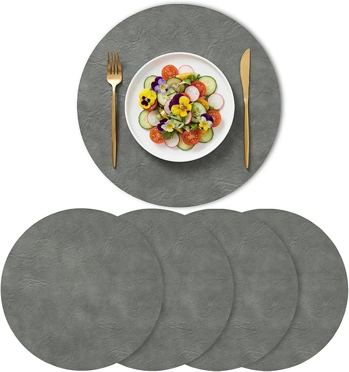 Artoid Mode Grey Faux Leather Placemats Set of 4, 15 Inch Waterproof Wipeable Heat Resistant Place Mats, Reversible Table Mats for Winter Kitchen Dining Decor
