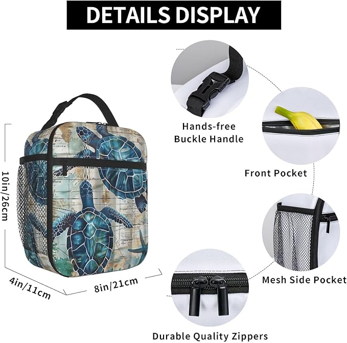 VANZEV Sea Turtle Lunch Box for Adults Women Girls Boys Kids Vintage Nautical Coastal Lunch Box Insulated Cooler Reusable Lunch Bag Container Gifts for Work Office Picnic Travel School
