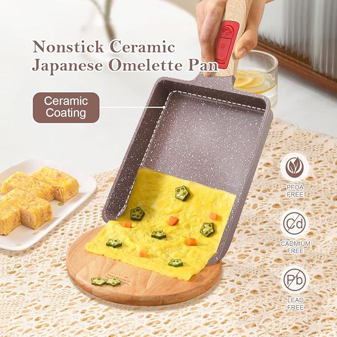 Ceramic Nonstick Tamagoyaki Pan, Japanese Omelette Pan egg pan with Detachable Handle, Oven Safe, 7.48??x 6.8??(Brown)