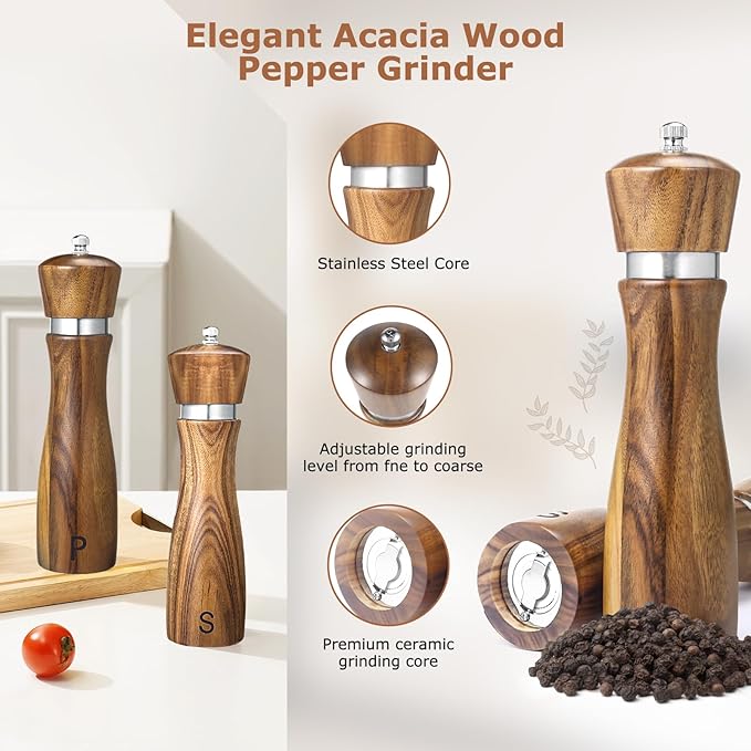 2 Pack Acacia Wood Salt and Pepper Grinder Set ??8??Manual Mills with Adjustable Ceramic Core, Stainless Steel, Tray, Spoon, Brush & Funnel ??Rustic Wooden Gift Set for Kitchen or Table