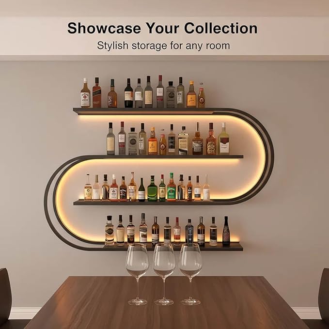 71in Wall Mounted Metal Wine Rack, Floating Wine Bottle Stand 4-Tier, Black Industrial Bar Liquor Bottle Display Shelf,for Home Bar Storage and Display (71in)