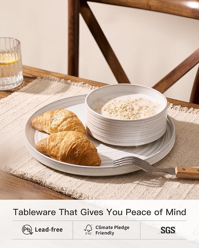 Stoneware Dinnerware Sets, Dish Set for 4, 12 Pieces Spiral Dishware Set with Straight Rim, Speckles & Reactive Glaze - Microwave and Dishwasher Safe Tableware, White