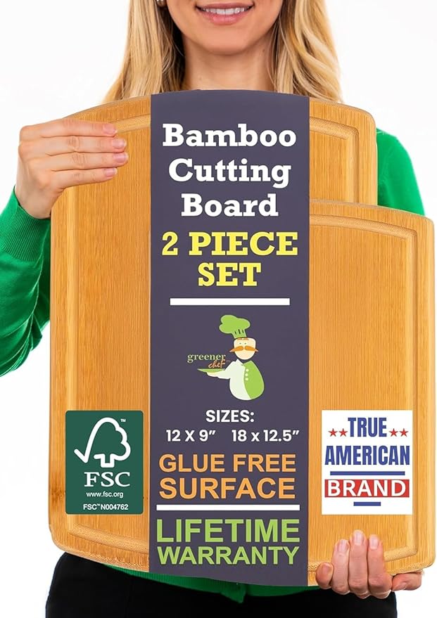 Extra Large Bamboo Cutting Board Set of 2 ??Wood Cutting Boards for Kitchen with Glue-Free Surface??& Juice Groove ??Non-Toxic Wooden Chopping Boards, FSC-Certified, Durable Carving Boards