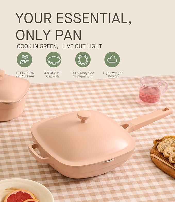 10.5 Inch(3.8QT) Ceramic Pan with Lid,Non Stick Frying Pans Cast Aluminum Deep Saut챕 Pans,Ti-Ceramic Non Toxic Pix Pan with Wooden Spatula and Scrubber-Desert Clay