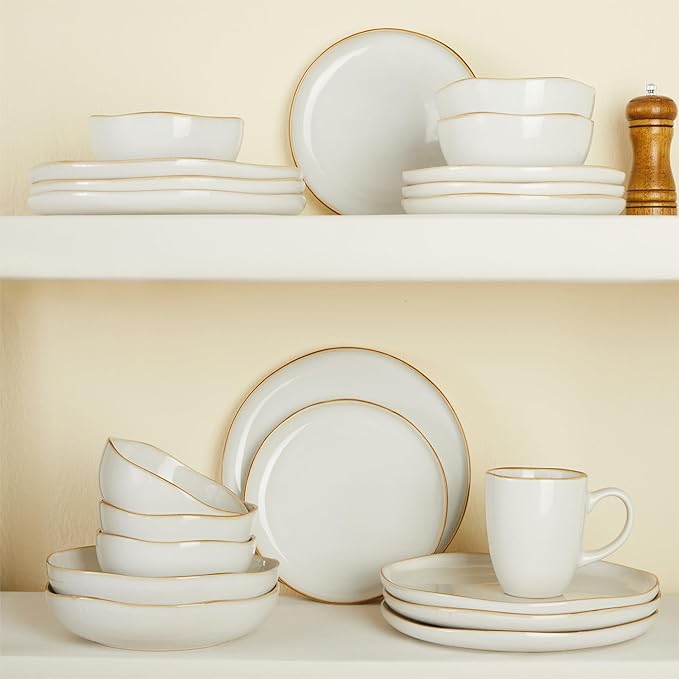 32 Piece White Dinnerware Set with Pasta Bowls, Reactive Glaze Stoneware for 8 | Perfect for Multi?멌ourse Dinners, Hosting Large Groups, Holiday Serving Needs