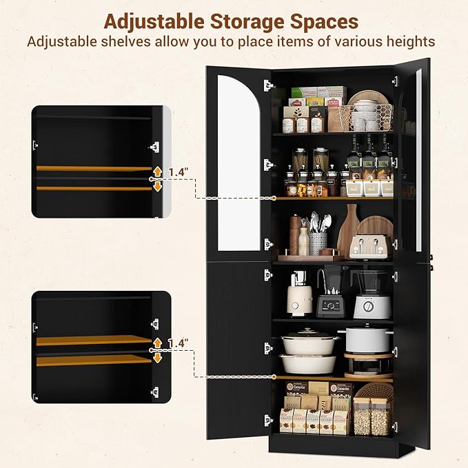 Cyclysio 80" Kitchen Pantry Cabinet, Tall Arch Storage Cabinet with Glass Doors, Freestanding Wood Floor Cupboard Bookcase with Seamless Fit Wall for Dining Room, Living Room, Bathroom (Black)