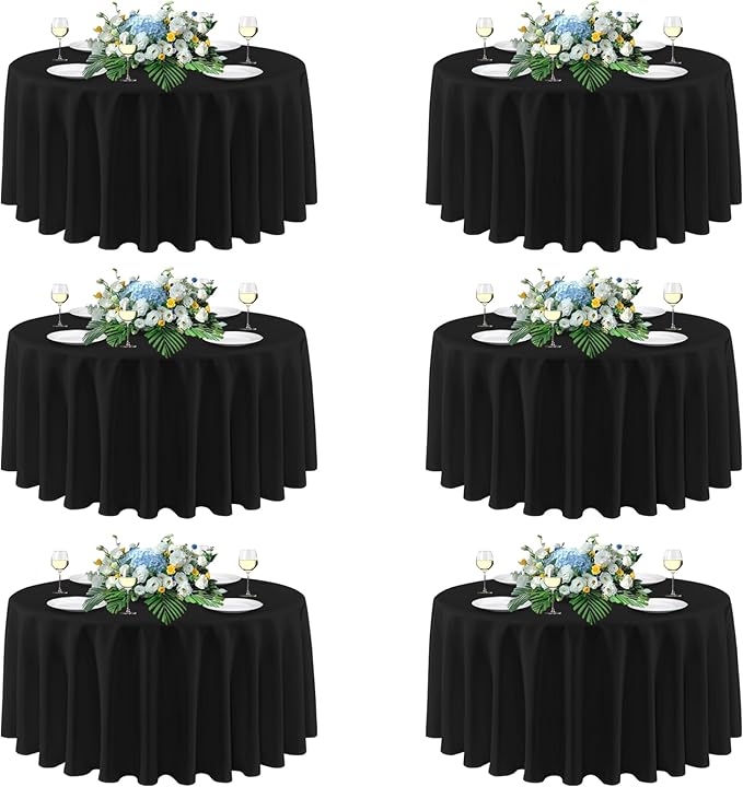 sancua 108 Inch Round Tablecloths Black, 6 Pack - Circle Fabric Cloth Table Cloths for Wedding Party Reception Banquet Birthday, Washable Polyester Table Cover (Fit 30-72 Inch Tables)