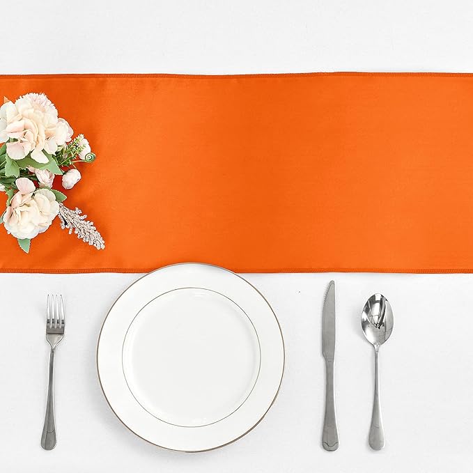 10-Pack Orange Satin Table Runner 12 x 108 Inch Long Bright and Smooth Silk Fabric Table Runner for Wedding Banquet Birthday Party Decoration