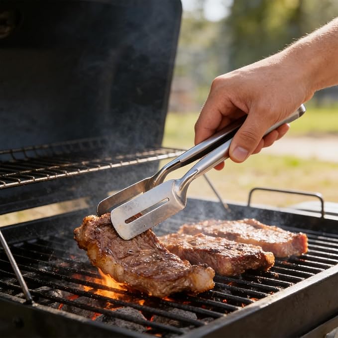 Stainless Steel Grill Clamp, 10 Inch Steak Clamps Anti-Scald Extended Handle Spatula Tongs Versatile Kitchen Tongs Food Flipping Tool for Bread Hamburger BBQ Meats Pizza Pies Bread Fish (1)
