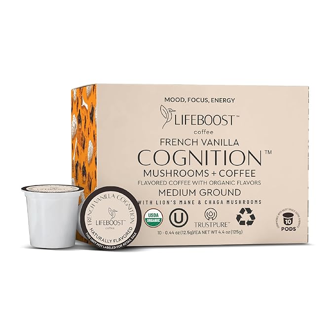 Lifeboost French Vanilla Cognition Mushroom Coffee Pods - Low Acid Organic K-Cups with Lion?셲 Mane & Chaga Nootropic Mushrooms for Focus, Energy & Immune Support - 10 Count
