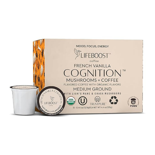 Lifeboost French Vanilla Cognition Mushroom Coffee Pods - Low Acid Organic K-Cups with Lion?셲 Mane & Chaga Nootropic Mushrooms for Focus, Energy & Immune Support - 10 Count