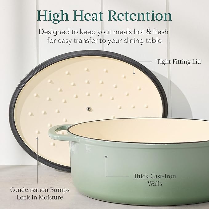 Best Choice Products Oval 7.5 Quart Enamel Cast-Iron Dutch Oven, Heavy-Duty Pre-Seasoned for Baking, Cooking w/Side Handles ??Sage Green