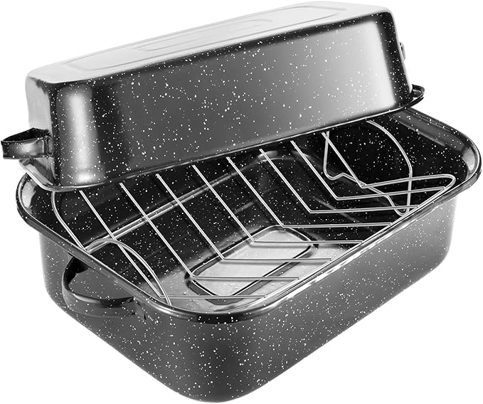 Roasting Pan with Rack, 21??Rectangular Granite Roaster Pan, 25lb Capacity, Large Roaster Pot for Baking Turkey with Versatile Lid