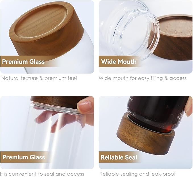 2pc Glass Mason Jars with Acacia Wood Airtight Lids - Overnight Oats & Food Storage Container Set, Clear Stackable Leakproof Kitchen Canisters for Meal Prep/Snack Organization/Spice Storage