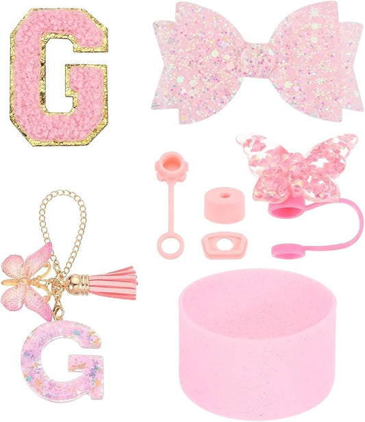 uxcell 8Pcs Cup Accessories Set for Cup Tumbler with Handle, Including Silicone Straw Cover, Boot, Spill Proof Stopper, Handle Charm, Initials Sticker(Letter G, Pink)