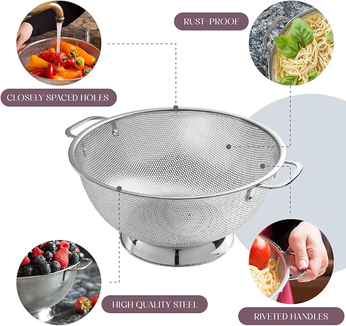 Bellemain Colander for Kitchen ??5 Qt Stainless Steel Strainer with Handle - 18/8 Pasta Strainer Bowl for Pasta, Spaghetti, Vegetables, Fruit, and Pot Draining - Stainless Steel Colander