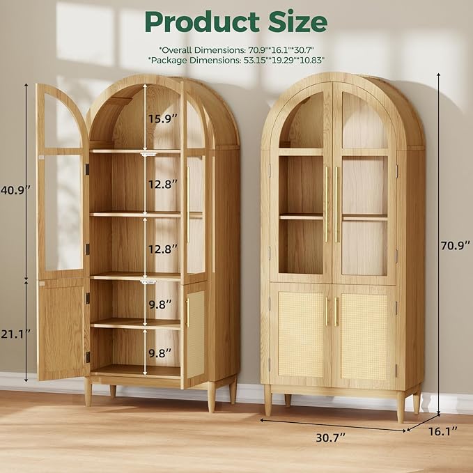 71?쒪rched Kitchen Pantry Cabinet, Stylish Arched Bookcase & Multi-Use Storage Cabinet with Glass & Rattan Doors, Ideal as Kitchen Pantry, Living Room Display, or Entryway Organizer ??Oak
