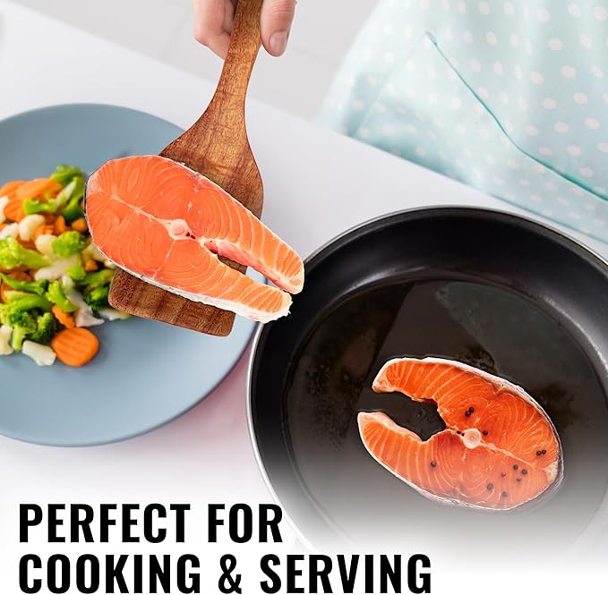 Zulay Kitchen Teak Wood Slotted Spatula ??Durable & Heat-Resistant Cooking Utensil for Non-Stick Pans ??Wooden Turner for Stirring, Flipping & Serving - Brown