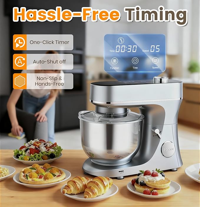 Stand Mixer 6QT Kitchen Mixer with LED Smart Touchscreen, 11-Speed Tilt-Head Mixer with Timer, 4 Preset Menus, Stainless Steel Bowl, Dough Hook, Whisk, Beater,Sliver