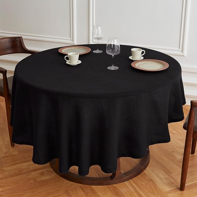 Solino Home Linen 60 Inch Round Tablecloth - 100% Pure Linen Black Round Tablecloth - Machine Washable Table Cloth for Winter, Spring - Sonoma