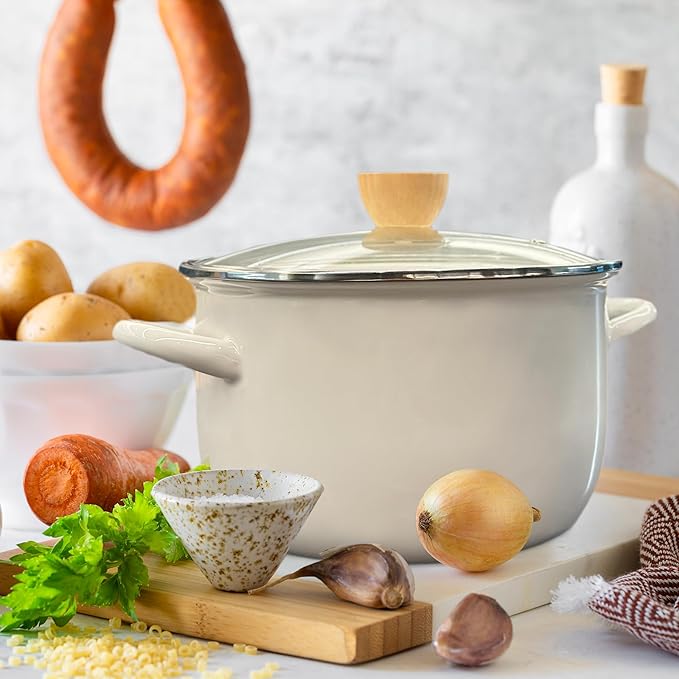 Enamel Stockpot with Lid, 4 Quart Soup with Handle, Big Granite Cooking Pot for Stovetop, Campfire, Outdoor Stove