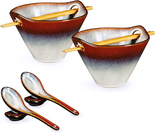 HENXFEN LEAD Japanese Ramen Bowls Set of 2 - Deep Ceramic Noodle Bowls with Spoons, Chopsticks and Holder, 20 Oz Serving Bowls for Pho, Udon, Soup - Reactive Red