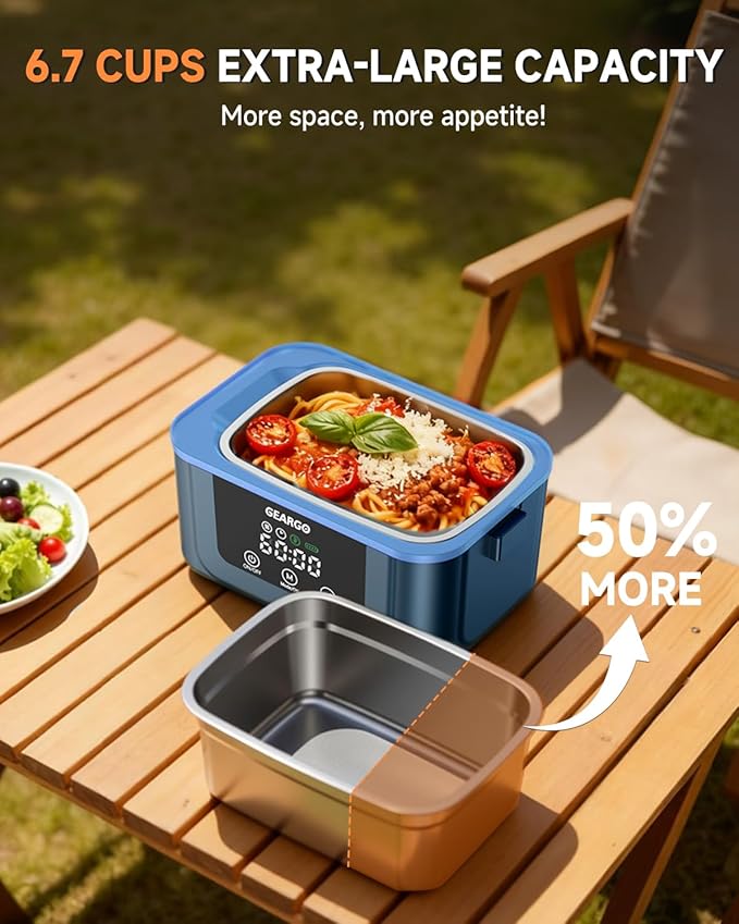GEARGO ?윇?윃?윇?윍 ?릶?맗?맆?맜?릾?맃?맄?맃 Cordless Electric Lunch Box, 1.6L & 24000mAh Rechargeable Heated Lunch Box with Ice Crystal Box, 24 Hours Scheduled Self Heating Lunchbox For Work Men Women(Blue)