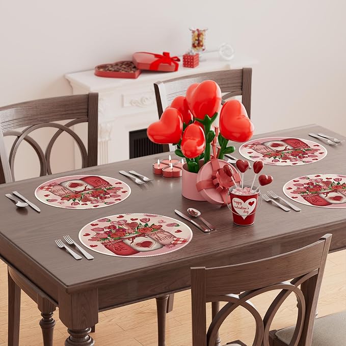 XCHI Roses Flowers Love Hearts Vase Valentine?셲 Day Round Placemats Set of 4 Table Mats for Party Home Kitchen Dining Table Decorations 14x14 Inch