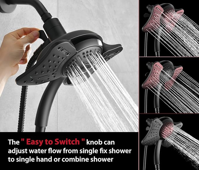 GRICH 1.8 GPM Shower Heads with Handheld Spray Combo: High Pressure Rain Shower Heads with Built-in Power Wash, 9 Mode Adjustable Dual Rainfall Showerhead with Anti-Clog Nozzles and Hose, Black