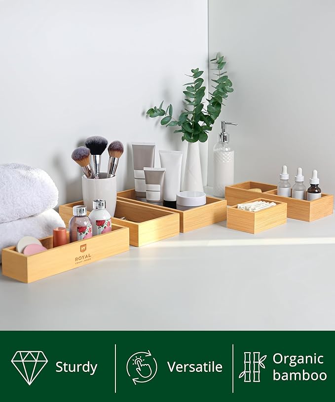 ROYAL CRAFT WOOD 5-Piece Bamboo Drawer Organizer Set ??Multi-Use Storage Trays for Kitchen, Bathroom, Office, Makeup, Jewelry & More ??Junk Drawer Tray, Utensil Holder, Storage Box & Bin Set (5 Boxes)