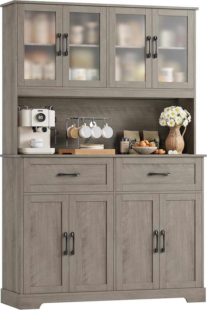 71" Farmhouse Kitchen Pantry Cabinet, Tall Pantry Cabinet with Microwave Stand, Kitchen Hutch with Drawer and Shelves for Dining Room, Grey