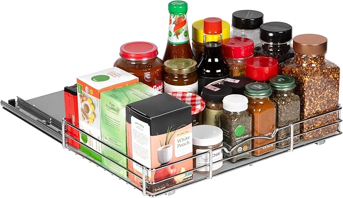Pull Out Cabinet Organizer for Spices, Cans - Heavy Duty with Lifetime Limited Warranty- Pull Out Spice Rack- Cabinet Pull Out Shelf for Cans,Dishes, Etc, 16-3/8"Wx 10-1/2"D x 2-3/4??H, Chrome