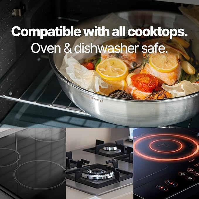 9.4-Inch 316 Stainless Steel Frying Pan, 5-Ply Stainless Steel Skillet, Induction Compatible, Dishwasher & Oven Safe