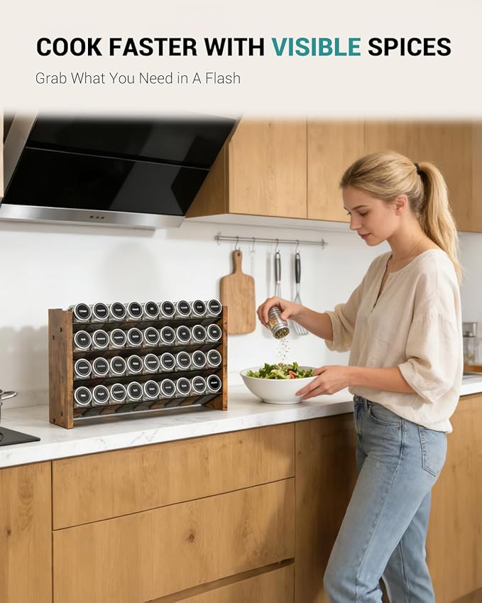 NESAPTO Spice Rack Organizer for Cabinet, Wooden 4 Tier Vertical Seasoning Organizers for Kitchen Pantry, Countertop/Wall Mount, Holds 36 Spice Jars (No Jars Included), 17.2" W 횞 9.4" H