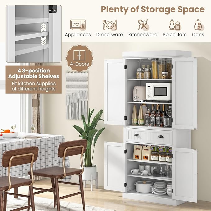 DORTALA 72??Tall Kitchen Pantry Cabinet, Wood Storage Cupboard w/ 4 Adjustable Shelves, 2 Cabinets & Drawer, Utility Freestanding Storage Cabinet for Kitchen, Hallway, Living Room, White