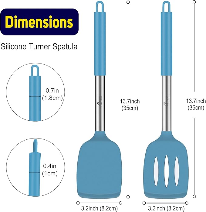 HOTEC Silicone Spatula Set of 2 Heat-Resistant 600째F & BPA-Free Kitchen SaptulaTurner with Stainless Steel Handles, Slotted & Solid Spatulas for Nonstick Cookware, 13.7 Inch, Blue