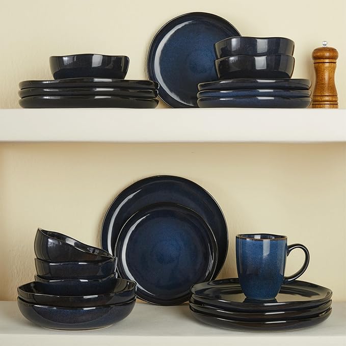 32 Piece Starry Blue Dinnerware Set with Pasta Bowls, Coastal Reactive Glaze Stoneware for 8 | Complete Serving Set for Holiday Meals, Multi?멏ish Hosting & Family Celebrations