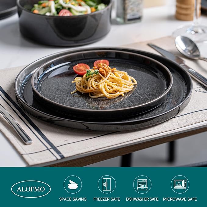 Stoneware Dinnerware Sets, Plates and Bowls Set for 4, 12-Piece Modern Stoneware Dinnerware ??Chip Resistant, Non-Toxic, Dishwasher and Microwave Safe Tableware竊똆lossy Black