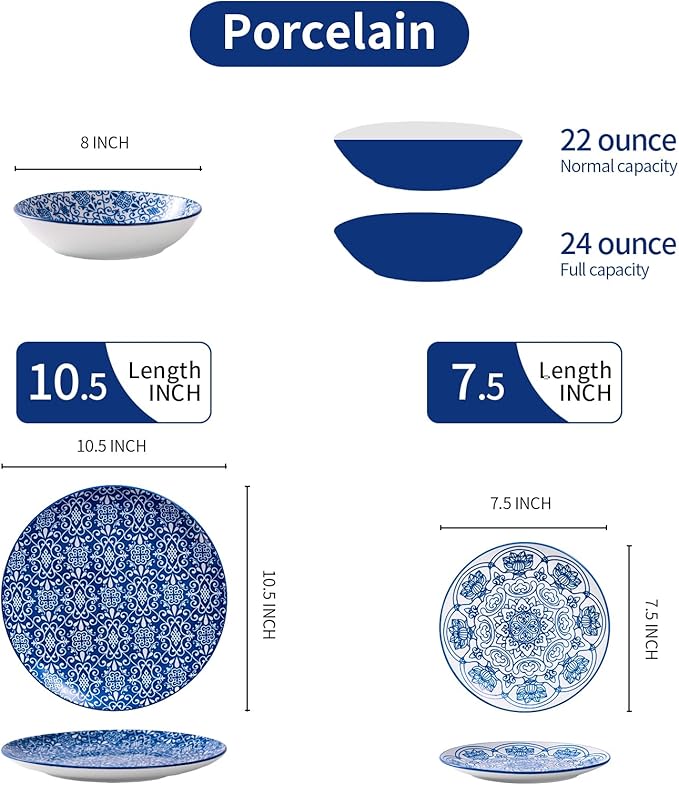 Bestone Porcelain Dinnerware Sets Service for 4, 12 pcs Hand drawn Plates and Bowls Sets, Handmade Ceramic Dish Set, Chip Resistant Modern Plate Set, Dishwasher/Microwave Safe竊똙intage Blue