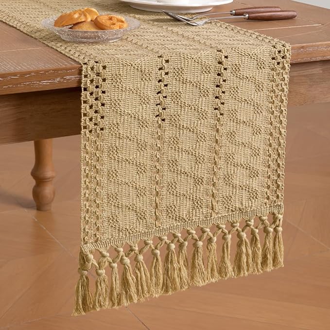 Socomi Boho Table Runner Macrame Valentine's Day Farmhouse Woven Cotton Linen Rustic Coffee Table Runner with Tassels for Small Dresser Scarf Home Decor Dining Room 12x72 inch Champagne