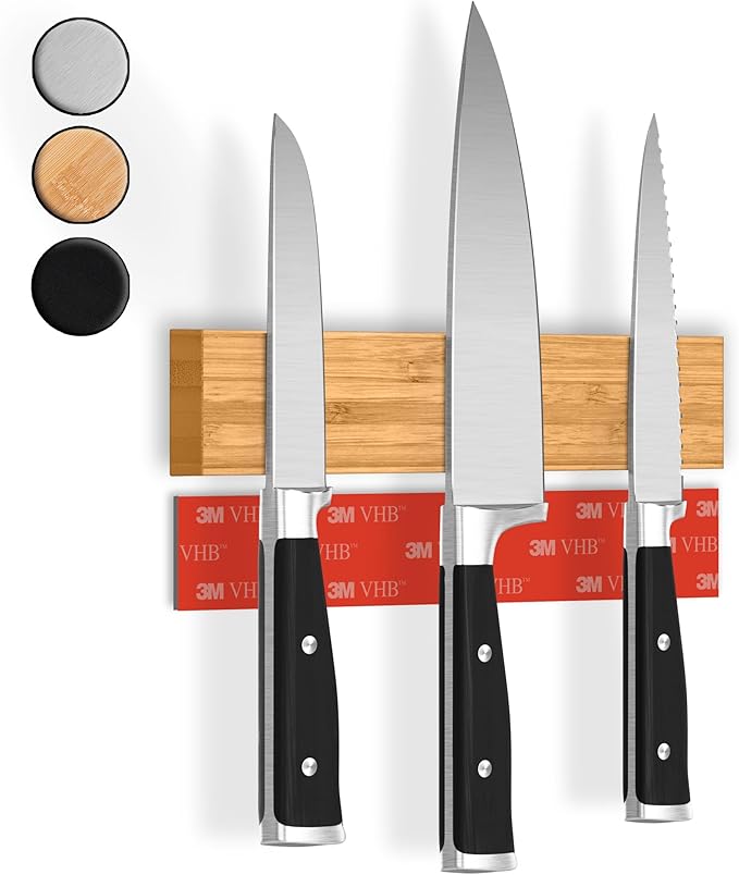 CUCINO Magnetic Knife Holder for Wall 10" No Drilling incl. Self Adhesive Tape - Extra strong Knife Holder - Awarded Knife Magnetic Strip - Made of Bamboo