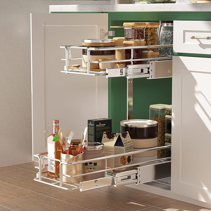 LOVMOR 2 Tier Individual Pull Out Cabinet Organizer 9" W x 21쩍" D, Slide Out Kitchen Cabinet Storage Sliding Shelves